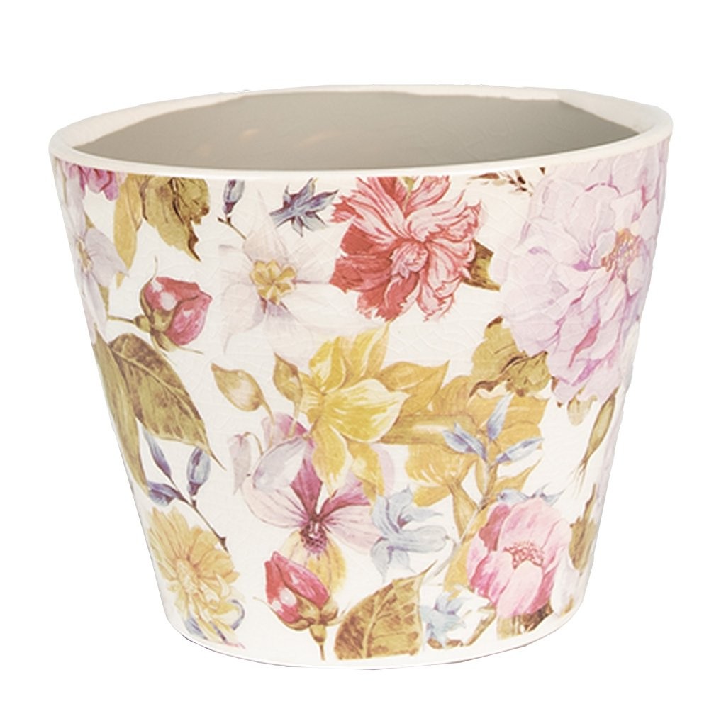 Clayre & Eef bloempot keramiek beige met bloemen Ø12 cm - 129947 Clayre & Eef bloempot keramiek beige met bloemen Ø12 cm
