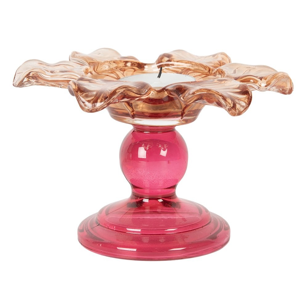 Clayre & Eef glazen waxinelichthouder bloem roze/oranje – Ø14x9 cm - 129934 Clayre & Eef glazen waxinelichthouder bloem roze/oranje – Ø14x9 cm