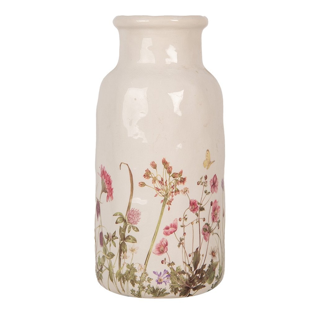 Clayre & Eef keramieken vaas beige met bloemenmotief Ø15x32 cm - 129941 Clayre & Eef keramieken vaas beige met bloemenmotief Ø15x32 cm
