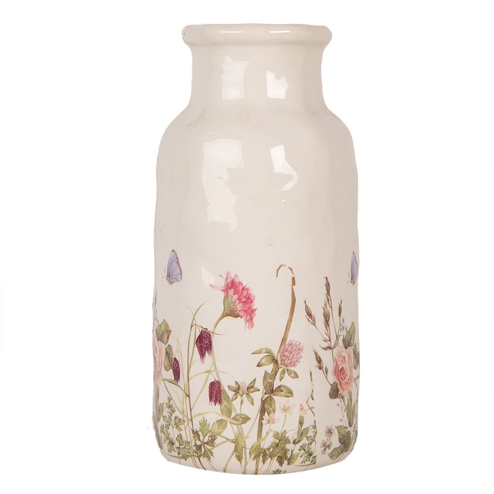 Clayre & Eef keramieken vaas beige met bloemenmotief Ø15x32 cm - 129942 Clayre & Eef keramieken vaas beige met bloemenmotief Ø15x32 cm
