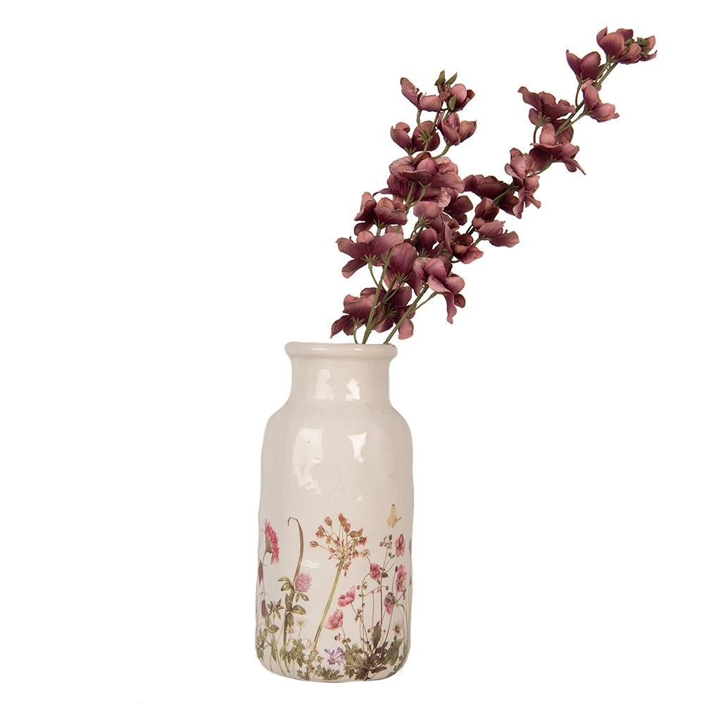 Clayre & Eef keramieken vaas beige met bloemenmotief Ø15x32 cm - 129943 Clayre & Eef keramieken vaas beige met bloemenmotief Ø15x32 cm
