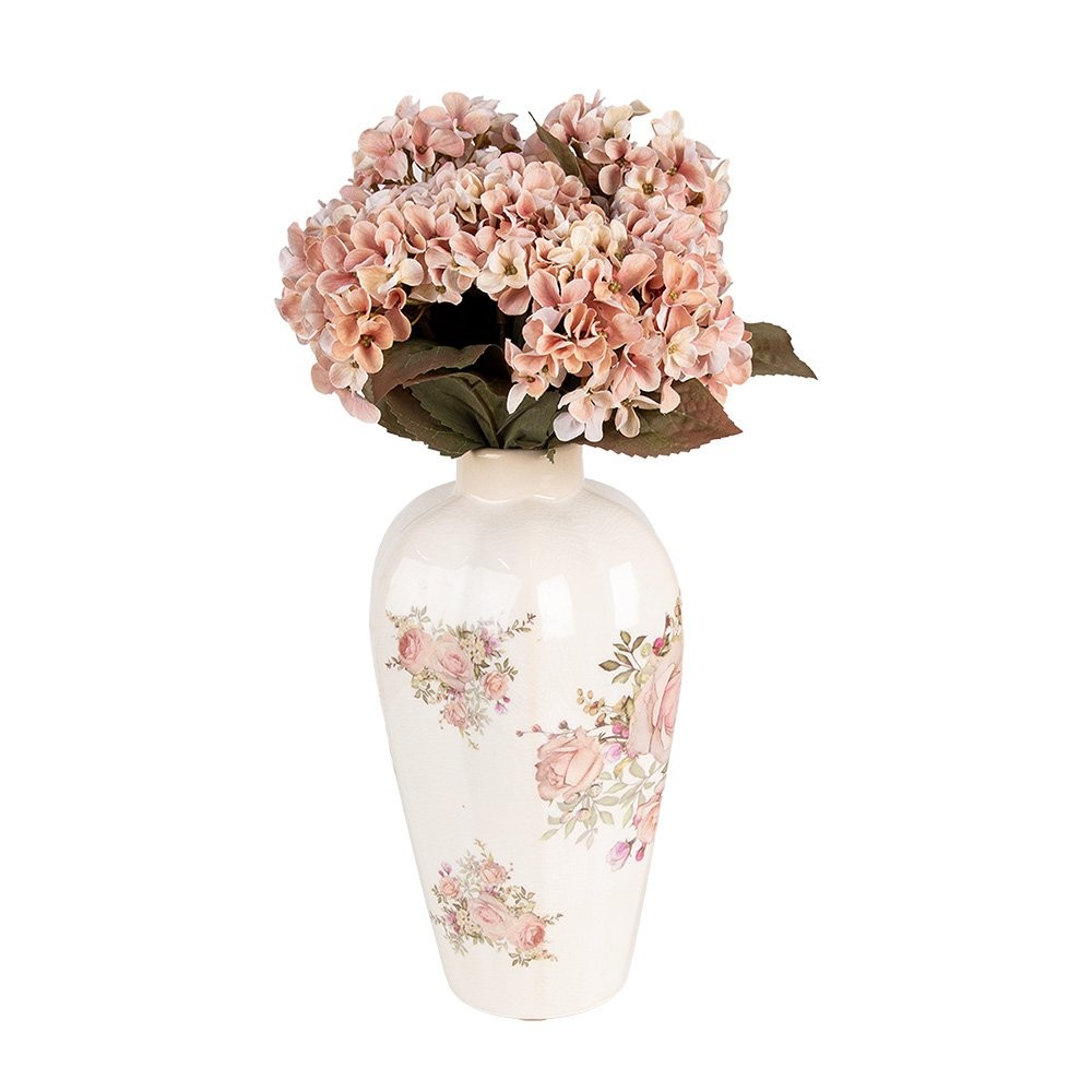 Clayre & Eef keramieken vaas beige met roze bloemen Ø17x30 cm - 129944 Clayre & Eef keramieken vaas beige met roze bloemen Ø17x30 cm