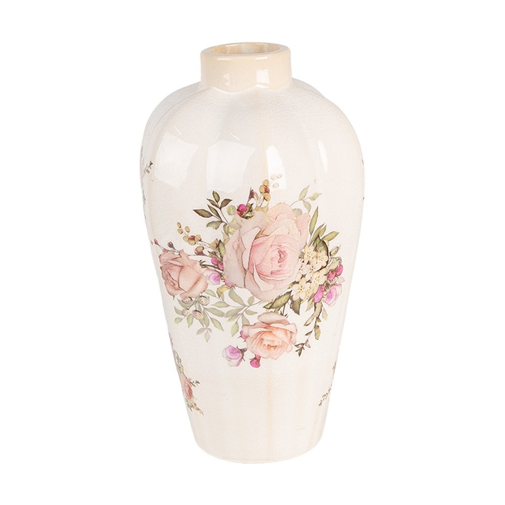 Clayre & Eef keramieken vaas beige met roze bloemen Ø17x30 cm - 129945 Clayre & Eef keramieken vaas beige met roze bloemen Ø17x30 cm
