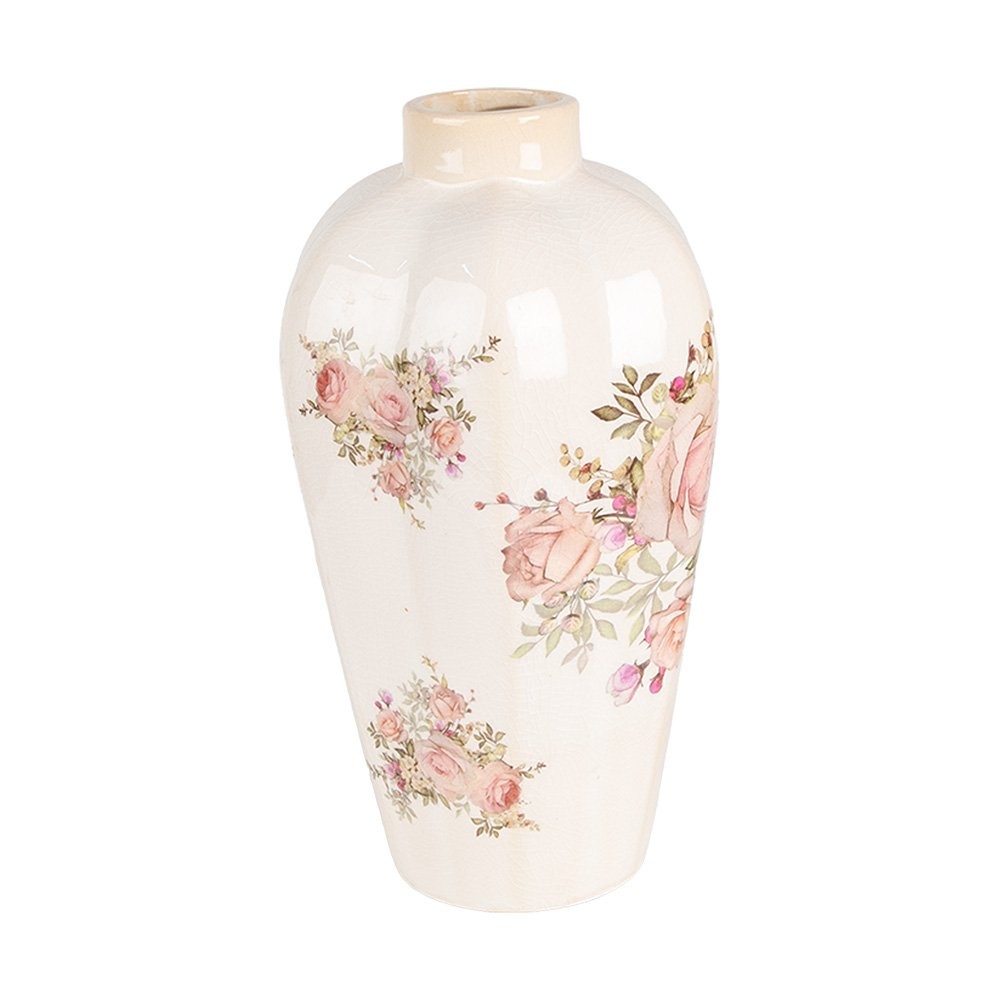 Clayre & Eef keramieken vaas beige met roze bloemen Ø17x30 cm - 129946 Clayre & Eef keramieken vaas beige met roze bloemen Ø17x30 cm