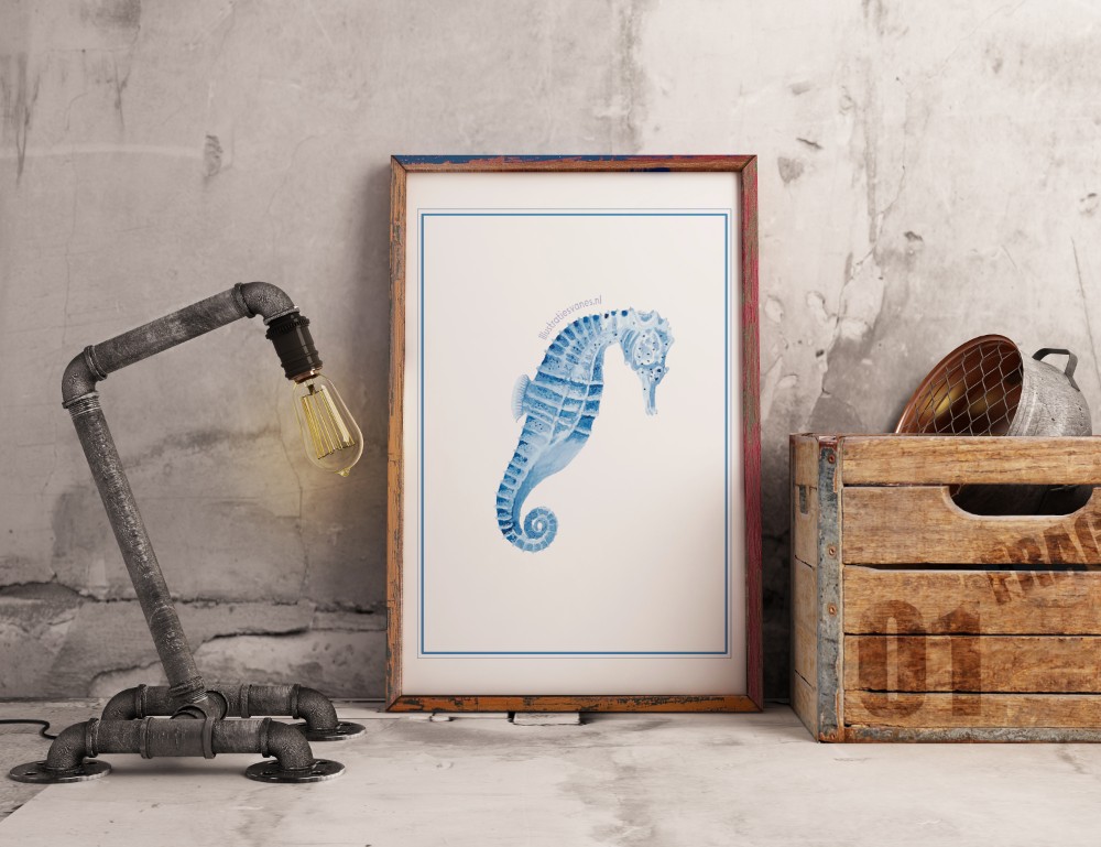 Poster - Zeepaardje in Delfts blauw aquarel