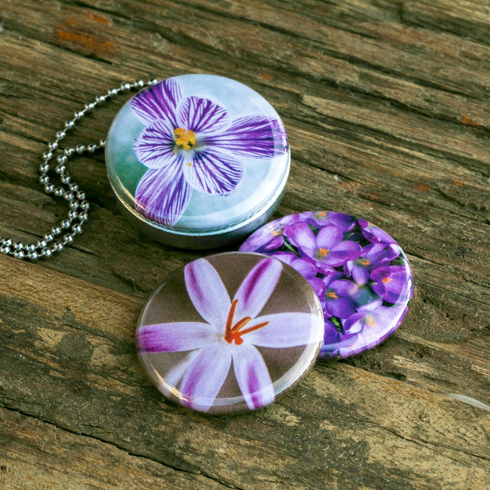 Roestvrij stalen fotomedaillon ketting met drie verschillende verwiss… - 89895 Roestvrij stalen fotomedaillon ketting met drie verschillende verwisselbare voorkanten met close up foto`s van paars en witte krokussen. Rvs/roesvrij stalen fotomedaillon. Voor het dicht bij je dragen van je favoriete foto.