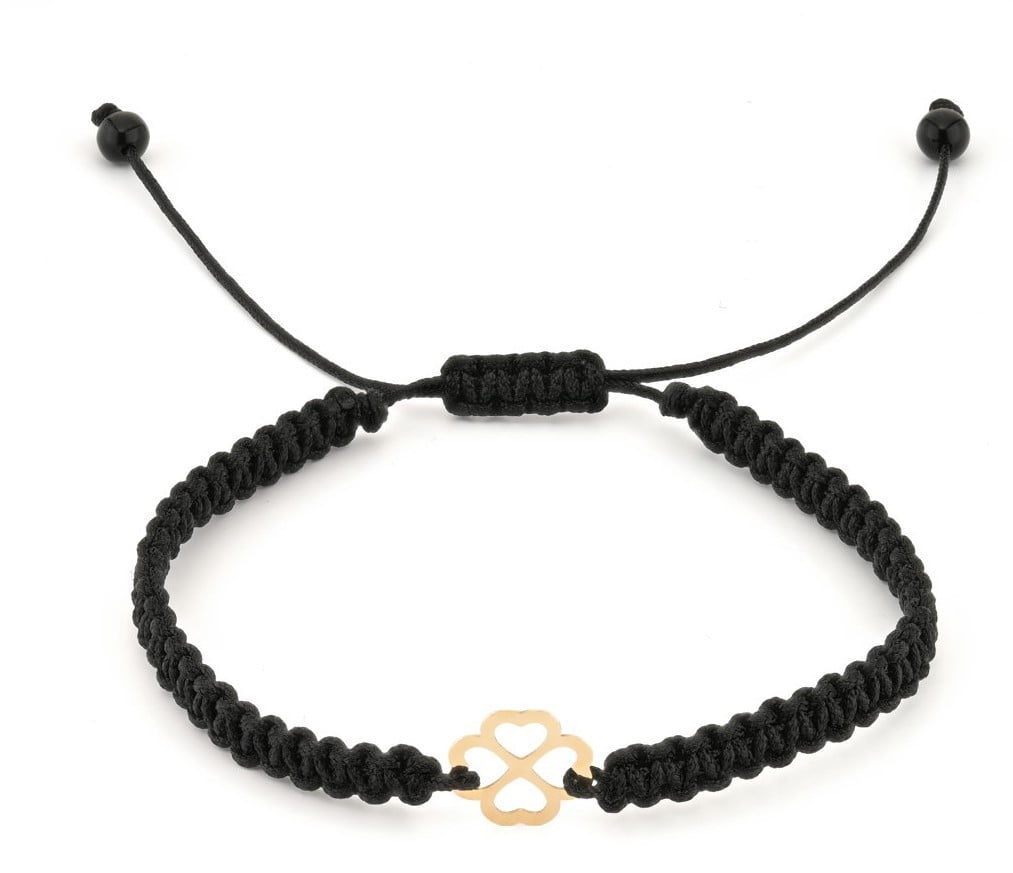 Koord armband met 14 karaat geelgouden klaver - 54359.jpeg Koord armband met 14 karaat geelgouden Klaver bedel