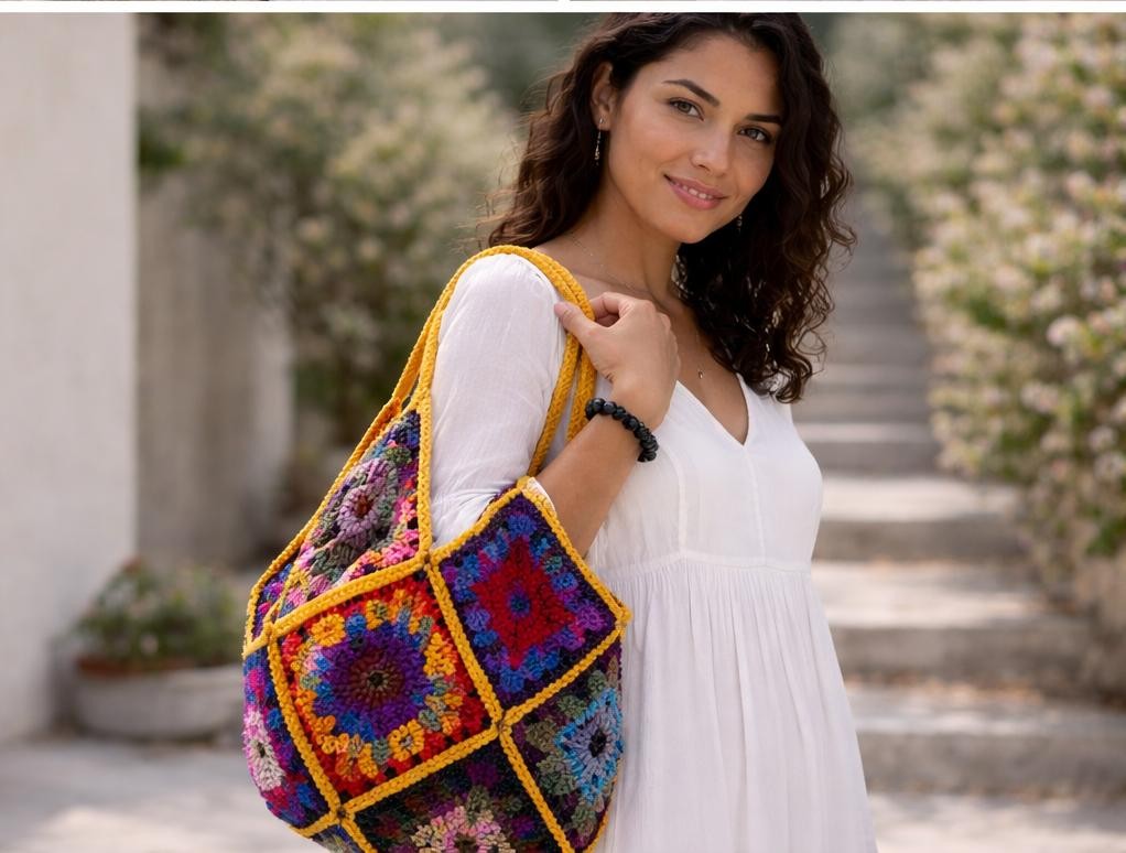 Handmade Granny Square Bag, Colorful Crochet Shoulder Bag, Boho Tote … - 132280 Handmade Granny Square Bag, Colorful Crochet Shoulder Bag, Boho Tote Bag, Statement Handbag, Everyday Shopper, Crochet Gift for Her