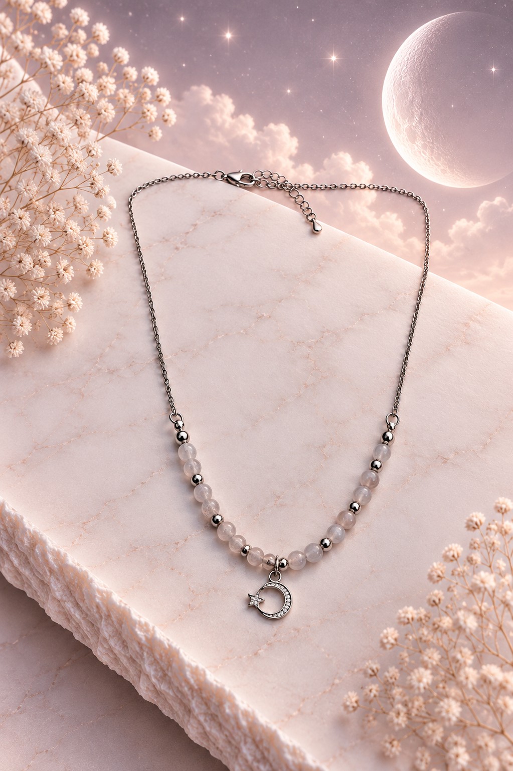 Moon Mist ketting – Rozenkwarts & Ijsbloem Agaat - 152227 Moon Mist ketting – Rozenkwarts & Ijsbloem Agaat