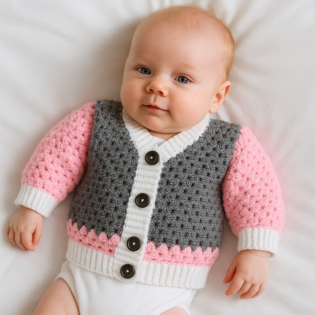 Gehaakt baby vestje | Roze, grijs en wit