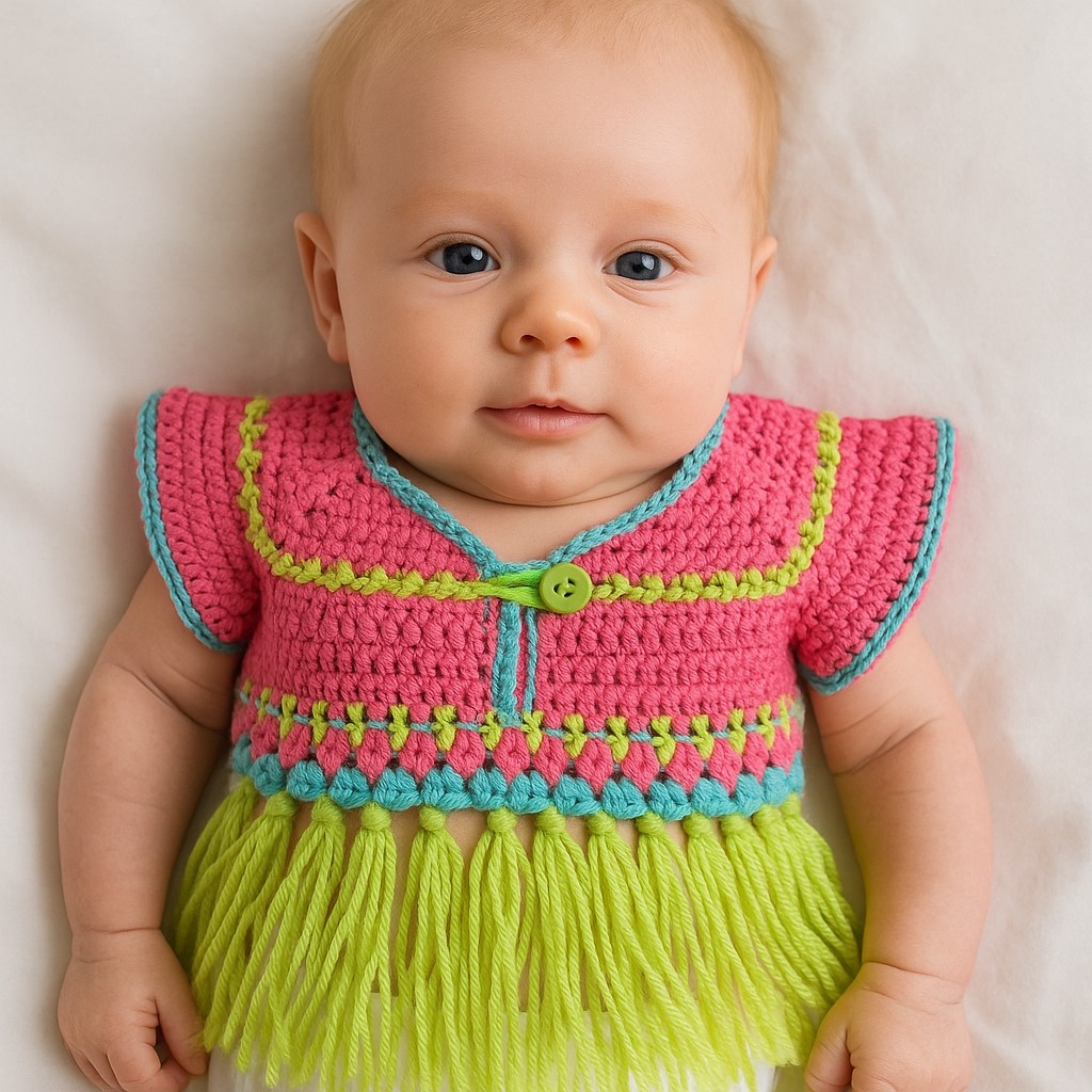 Gehaakt baby vestje | Roze, turquoise en groen met groene franjes