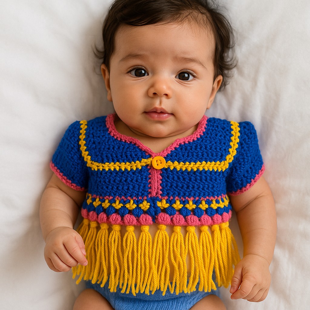 Gehaakte baby vestje | Blauw, roze en geel met gele franjes - 93726 Gehaakt baby vestje | Blauw, roze en geel met gele franjes
