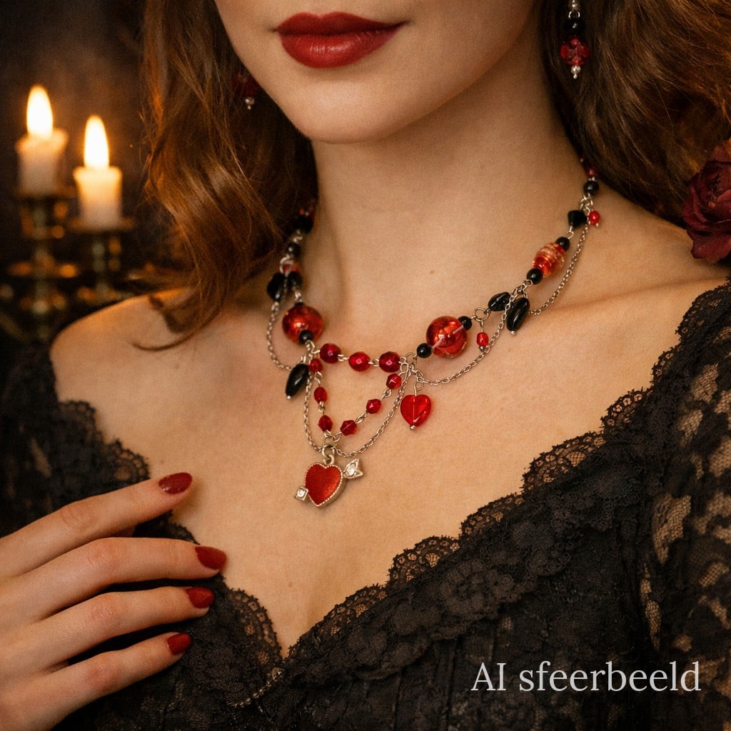 Romantische ketting met zwarte en rode glaskralen en hartjes - 113390 Romantische ketting met zwarte en rode glaskralen en hartjes