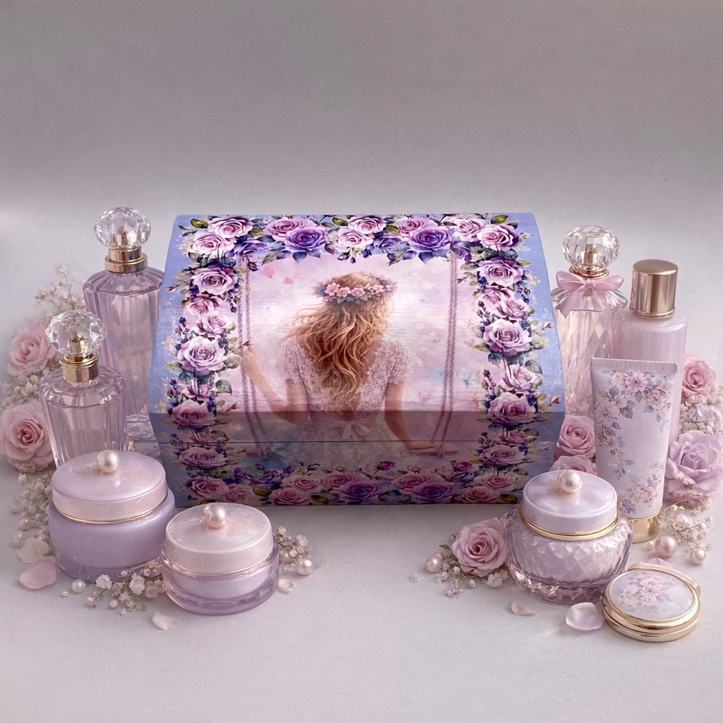 Handgedecoreerde bamboe sieradendoos ‘Girl on a swing’