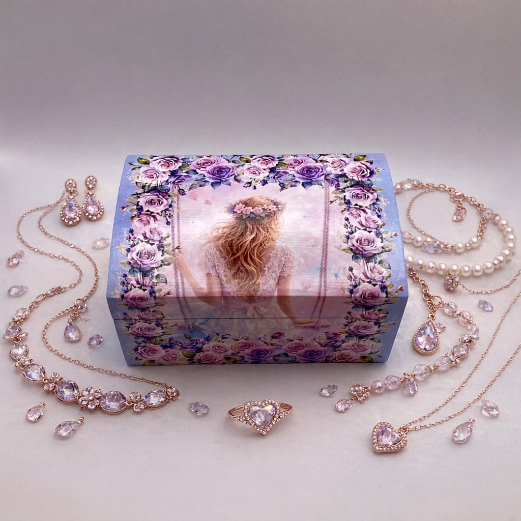 Handgedecoreerde bamboe sieradendoos ‘Girl on a swing’