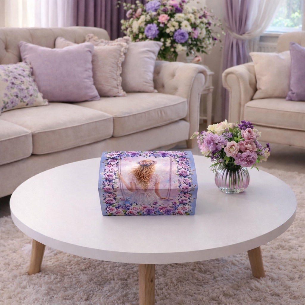 Handgedecoreerde bamboe sieradendoos ‘Girl on a swing’