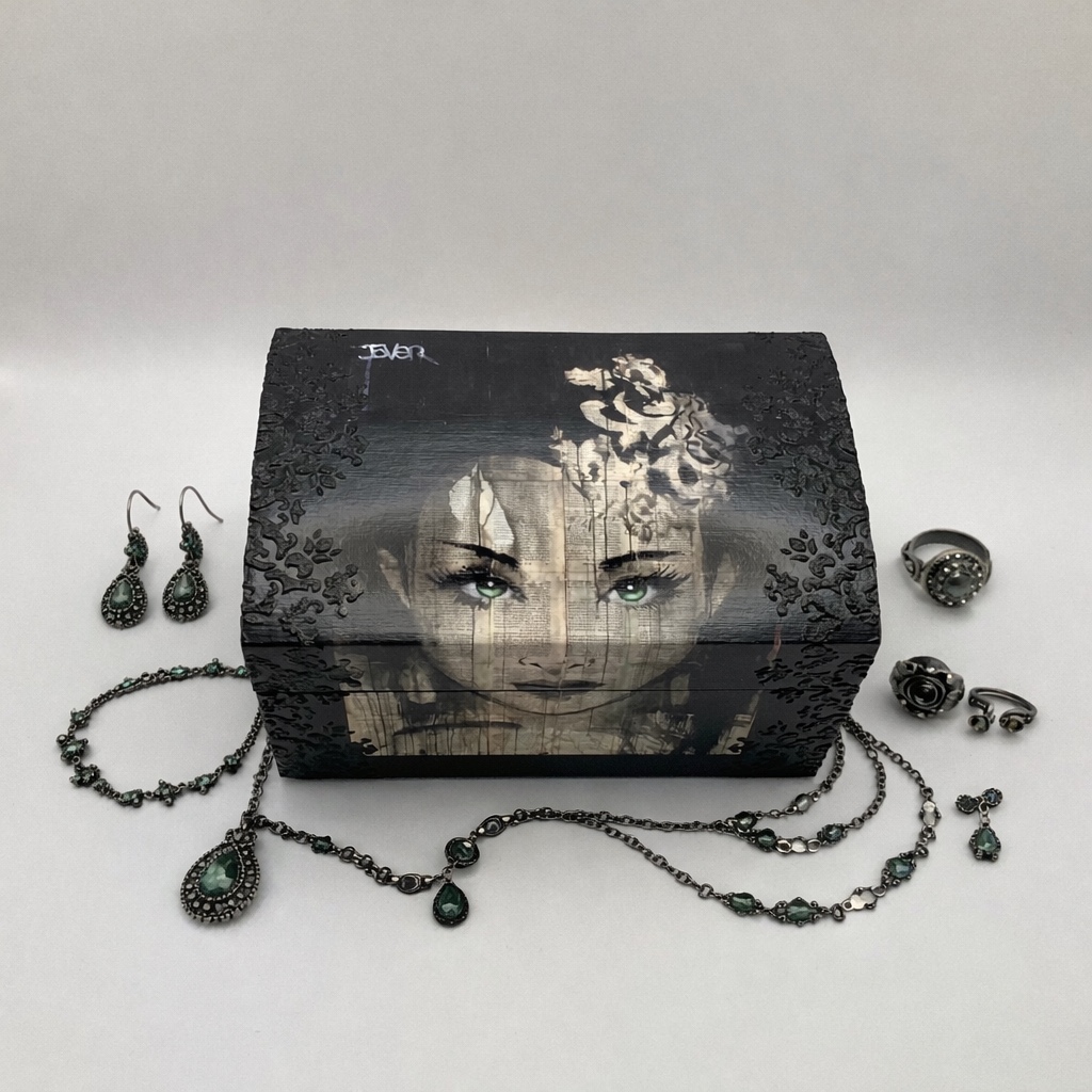 Handgedecoreerde bamboe sieradendoos ‘Green Eyed Girl’