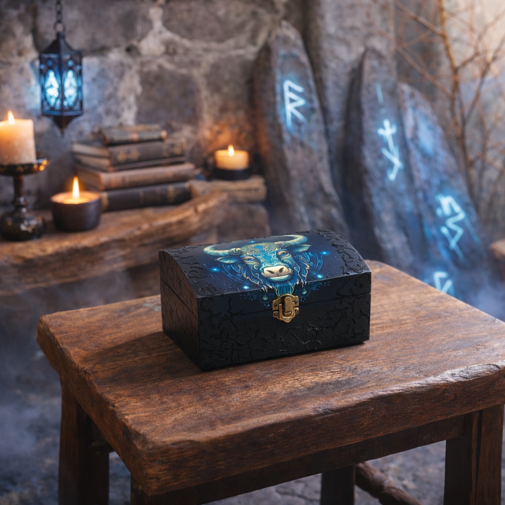 Handgedecoreerde bamboe sieradendoos met het sterrenbeeld ‘Stier’