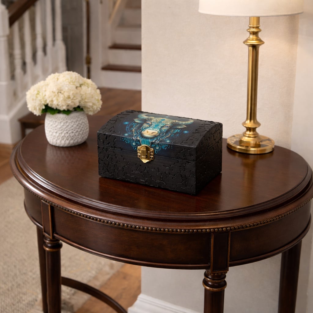 Handgedecoreerde bamboe sieradendoos met het sterrenbeeld ‘Stier’