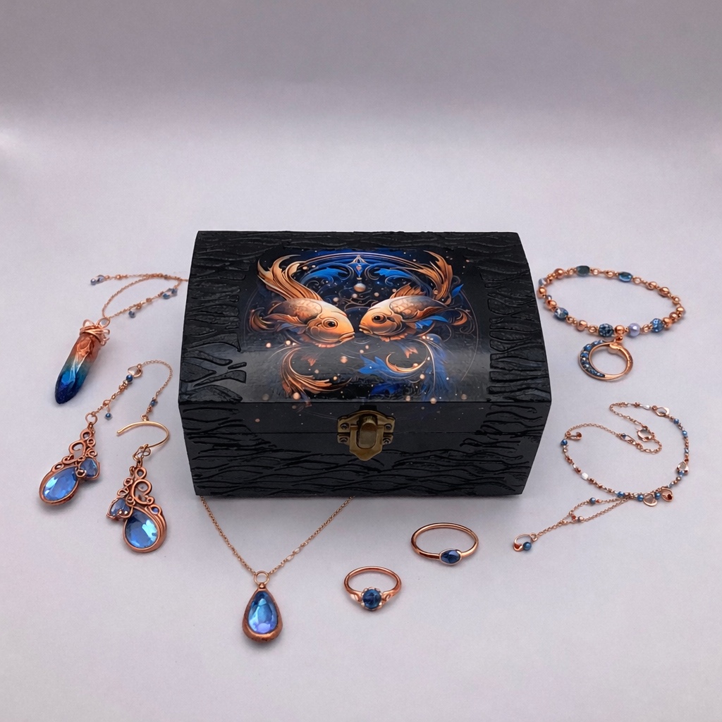 Handgedecoreerde bamboe sieradendoos met het sterrenbeeld Vissen