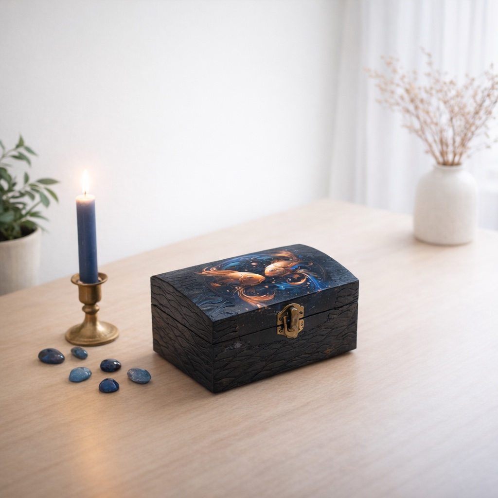 Handgedecoreerde bamboe sieradendoos met het sterrenbeeld Vissen