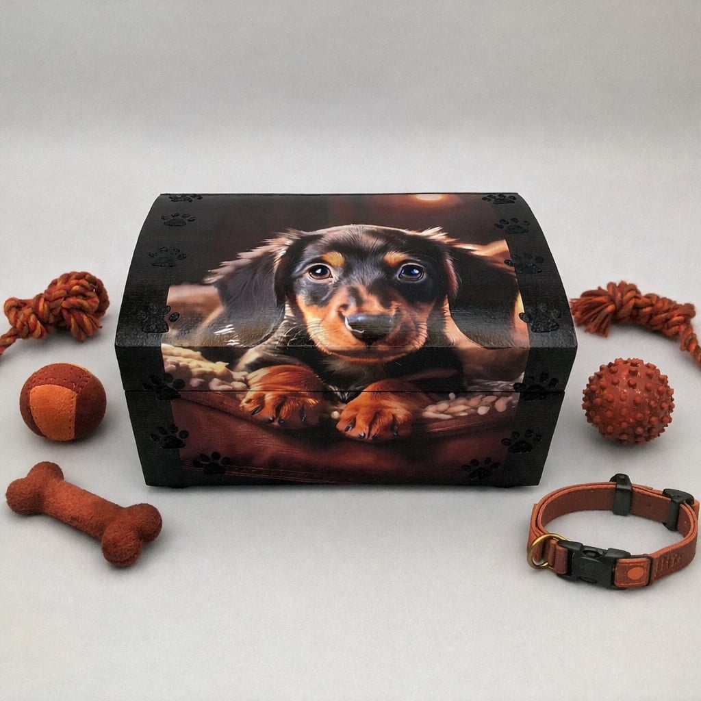 Handgedecoreerde bamboe sieradendoos ‘The Happy Puppy’’ - 115814 Handgedecoreerde bamboe sieradendoos ‘The Happy Puppy’’