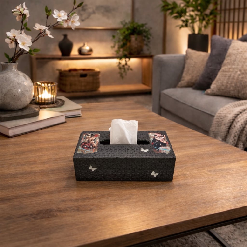 Handgedecoreerde bamboe tissue box ‘Geisha’