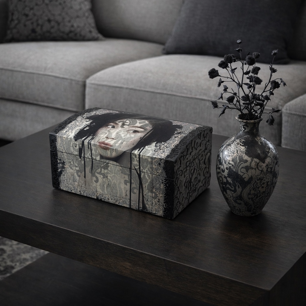 Handgedecoreerde houten sieradendoos ‘Beauty in Black, White and Grey’