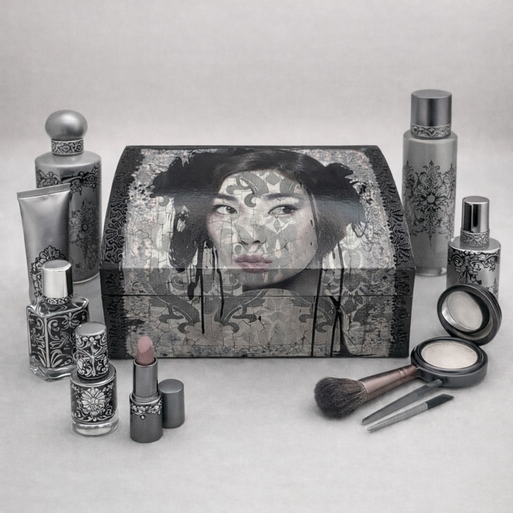 Handgedecoreerde houten sieradendoos ‘Beauty in Black, White and Grey’