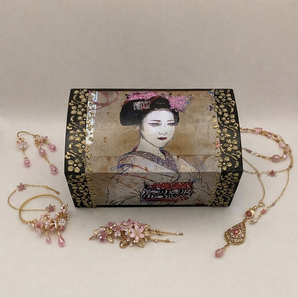 Handgedecoreerde houten sieradendoos ‘Maiko’