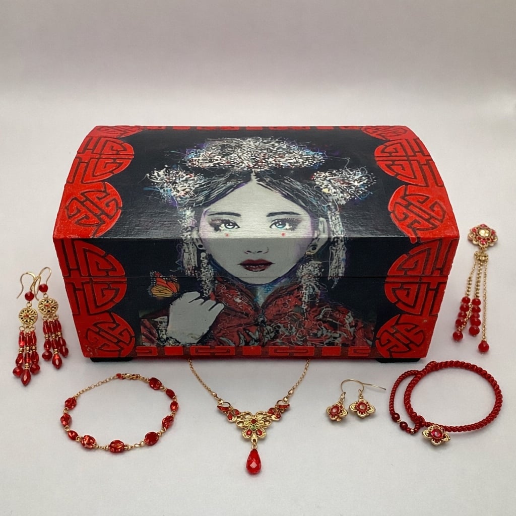 Handgedecoreerde houten sieradendoos ‘The Empress and The Butterfly’