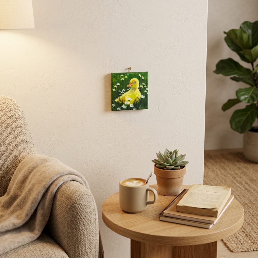 Cottagecore schilderij eendje 'Among the Daisies' – 7x7 cm – origineel acryl op canvas – vintage stijl