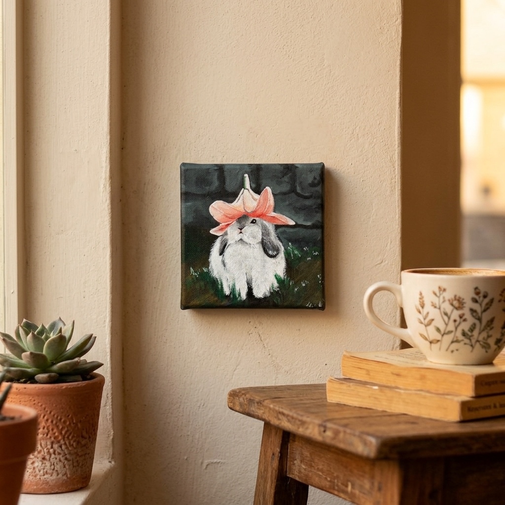 Cottagecore schilderij konijn ‘Lily Hat’ – 7x7 cm – origineel acryl op canvas – vintage stijl