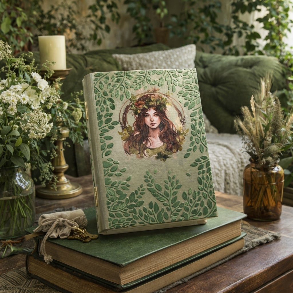 Handgedecoreerde houten sieradendoos in boekvorm met “Bosfee”