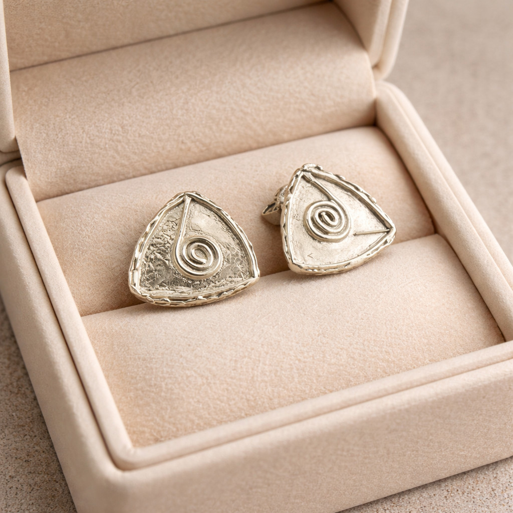 Handgemaakte zilveren oorknopjes driehoek – gerecycled zilver met f… - 122469 Handgemaakte zilveren oorknopjes driehoek – duurzaam 99,9% zilver met fantasiepatroon