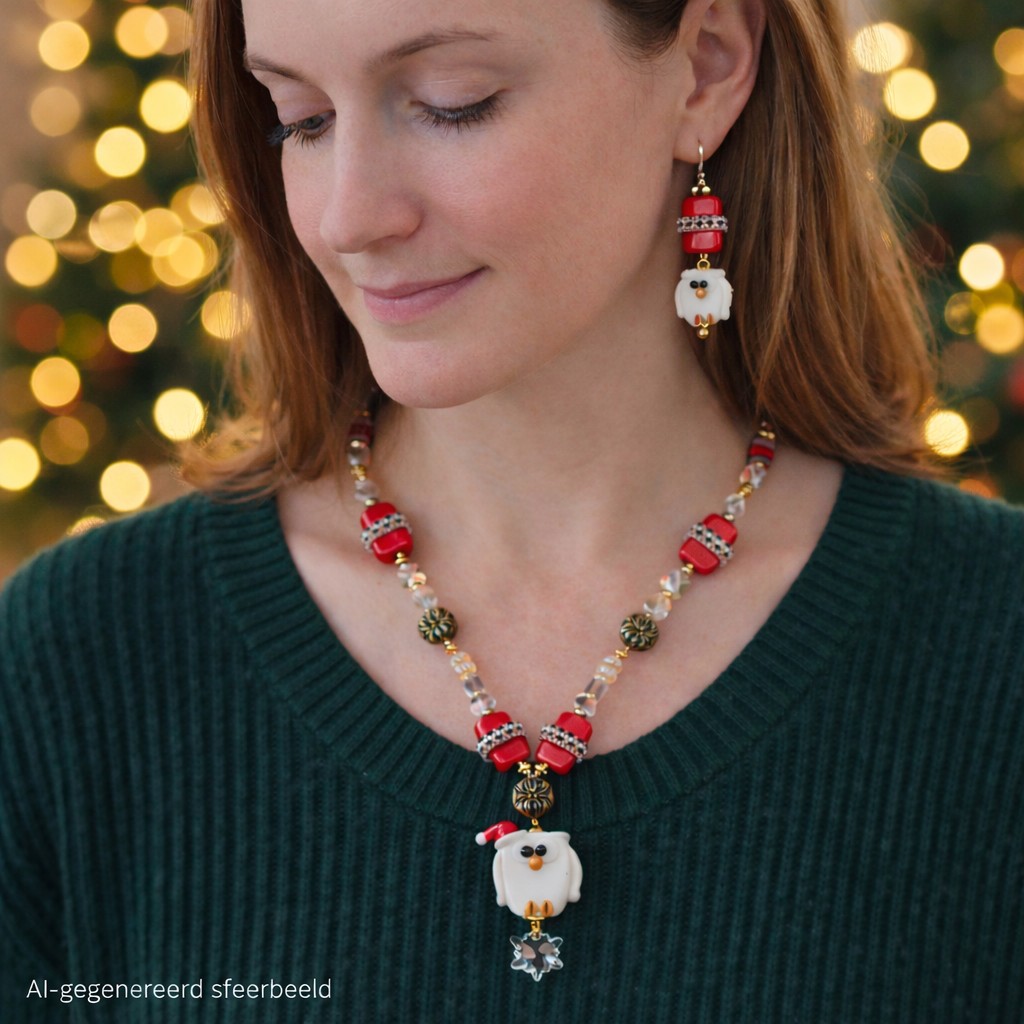 Kerstmagie & Fantasie, handgemaakte kerst uil ketting en oorbellen set