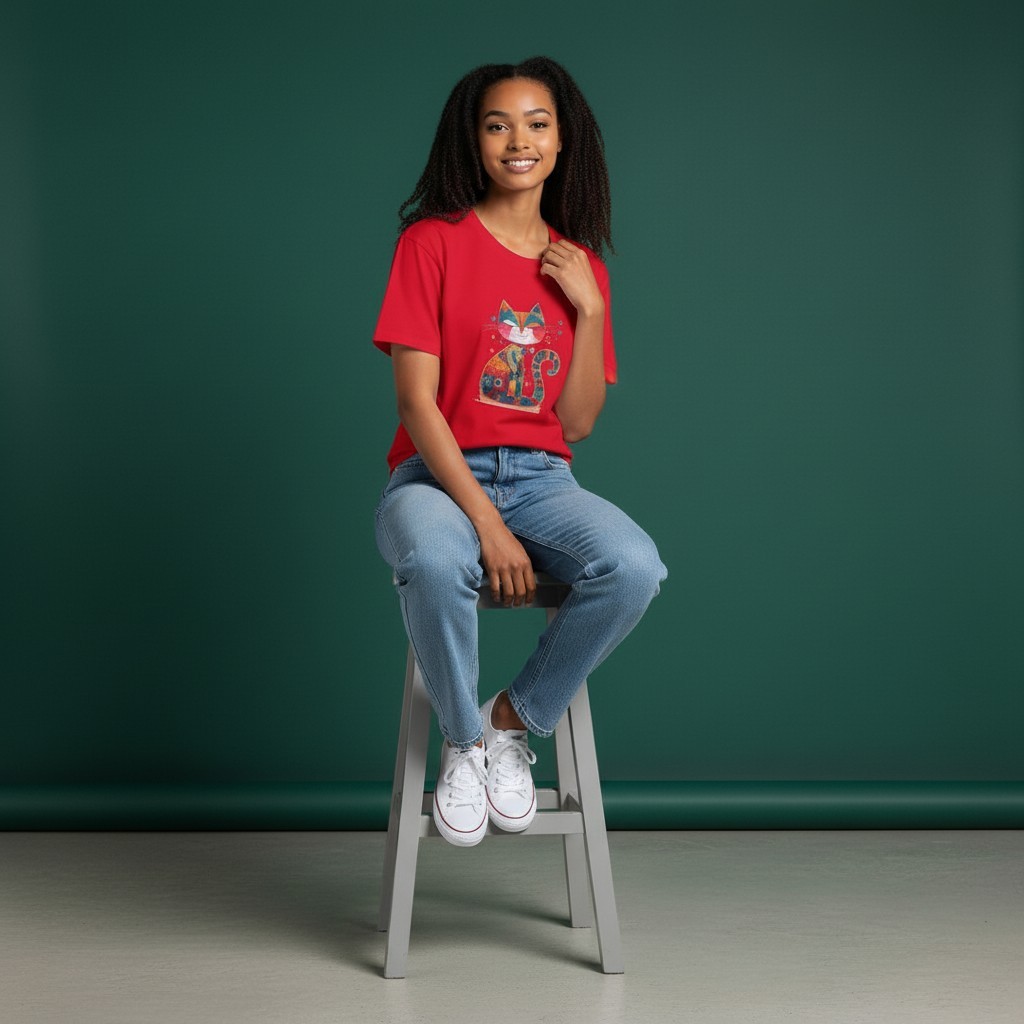 Dames T-shirt kattenprint maat L – schattig Cat Lover shirt rood , zacht & comfortabel, cadeau voor kattenliefhebbers, wasbaar 30 C