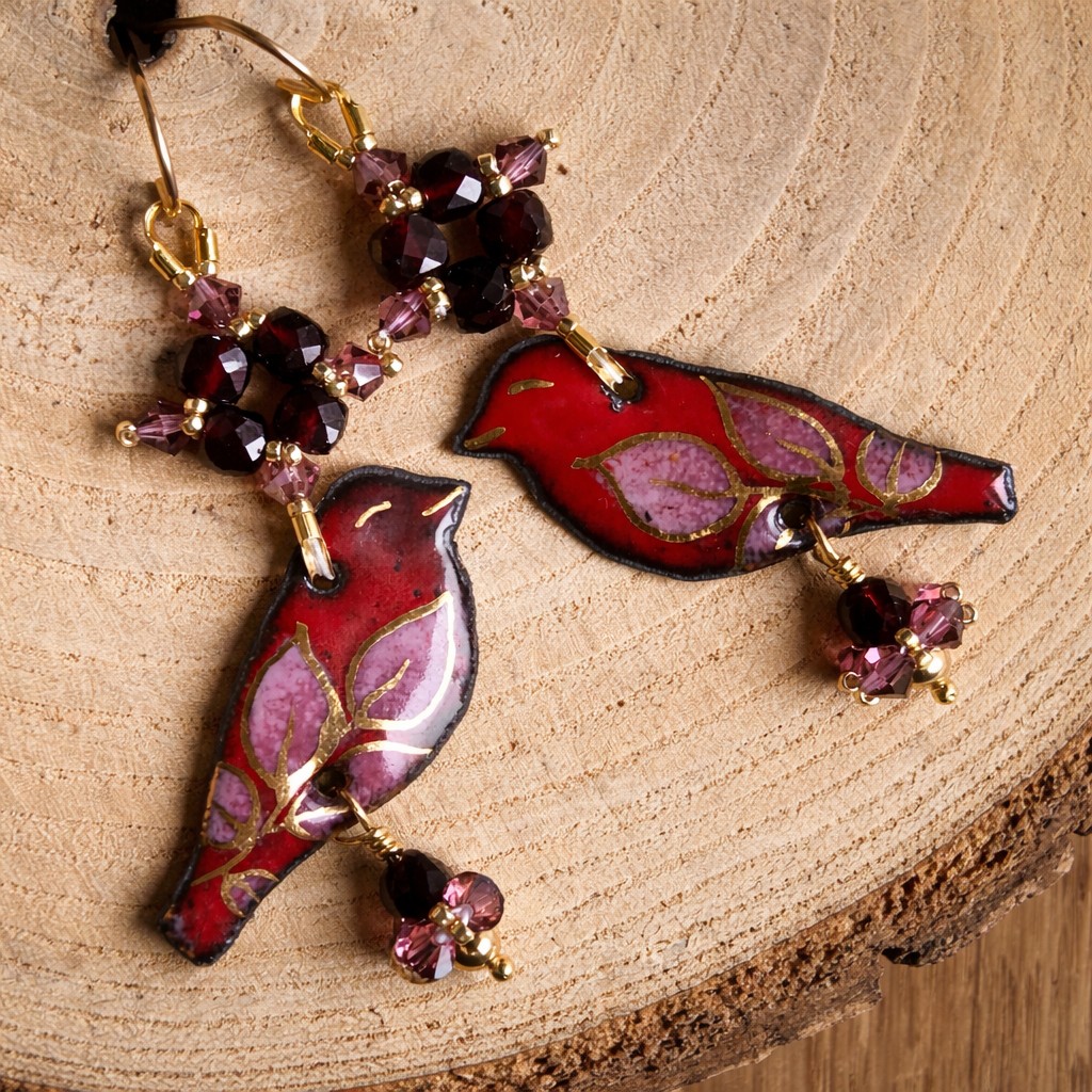 Roodborstje & Lentebloesem, handgemaakte vogel oorbellen met granaat en goud