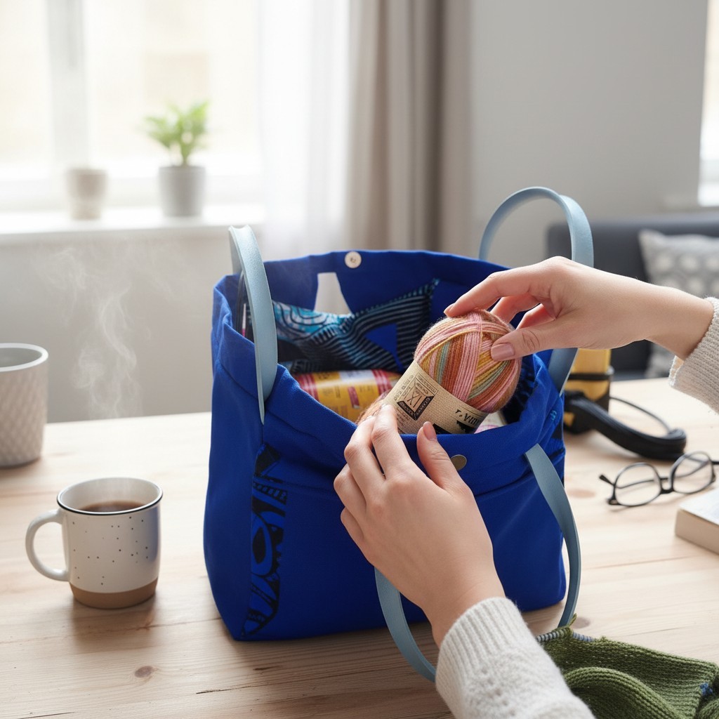Blauwe projecttas met schattig oma-motief – ideaal voor brei- en ha… - 129376 Blauwe projecttas met schattig oma-motief – ideaal voor brei- en haakprojecten