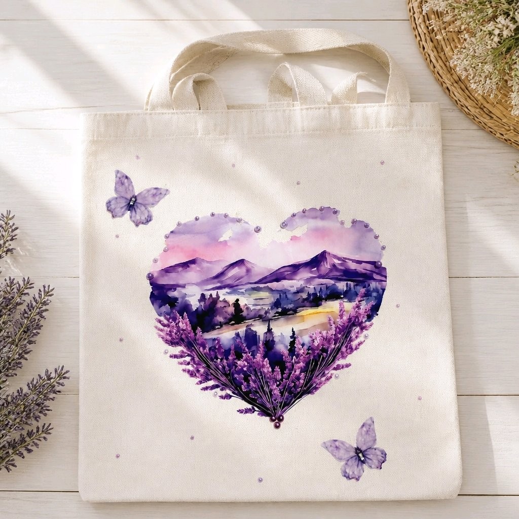 Handgemaakte shopper 'Lavendeldroom' – lavendel, vlinders en kant - 142552 Handgemaakte shopper 'Lavendeldroom' – lavendel, vlinders en kant
