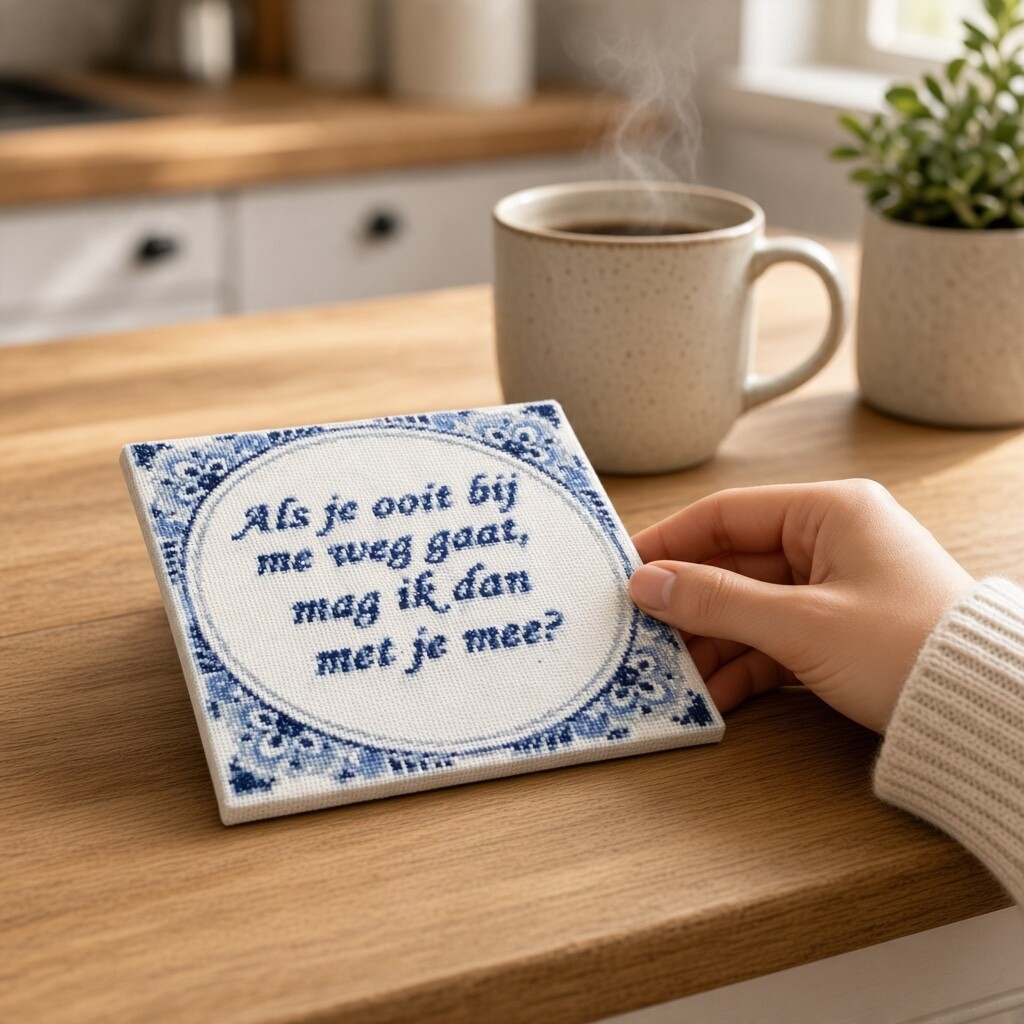 Delfts blauw tegeltje met tekst – Als je ooit bij me weg gaat, mag … - 154841 Delfts blauw tegeltje met tekst – Als je ooit bij me weg gaat, mag ik dan met je mee– 15 x 15 cm