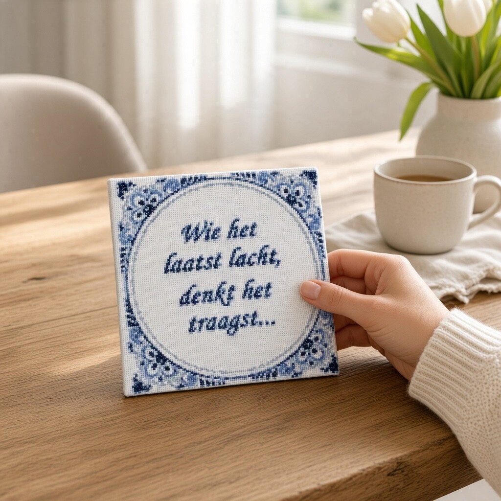 Delfts blauw tegeltje met tekst – Wie het laatst lacht denkt het tr… - 154835 Delfts blauw tegeltje met tekst – Wie het laatst lacht denkt het traagst– 15 x 15 cm