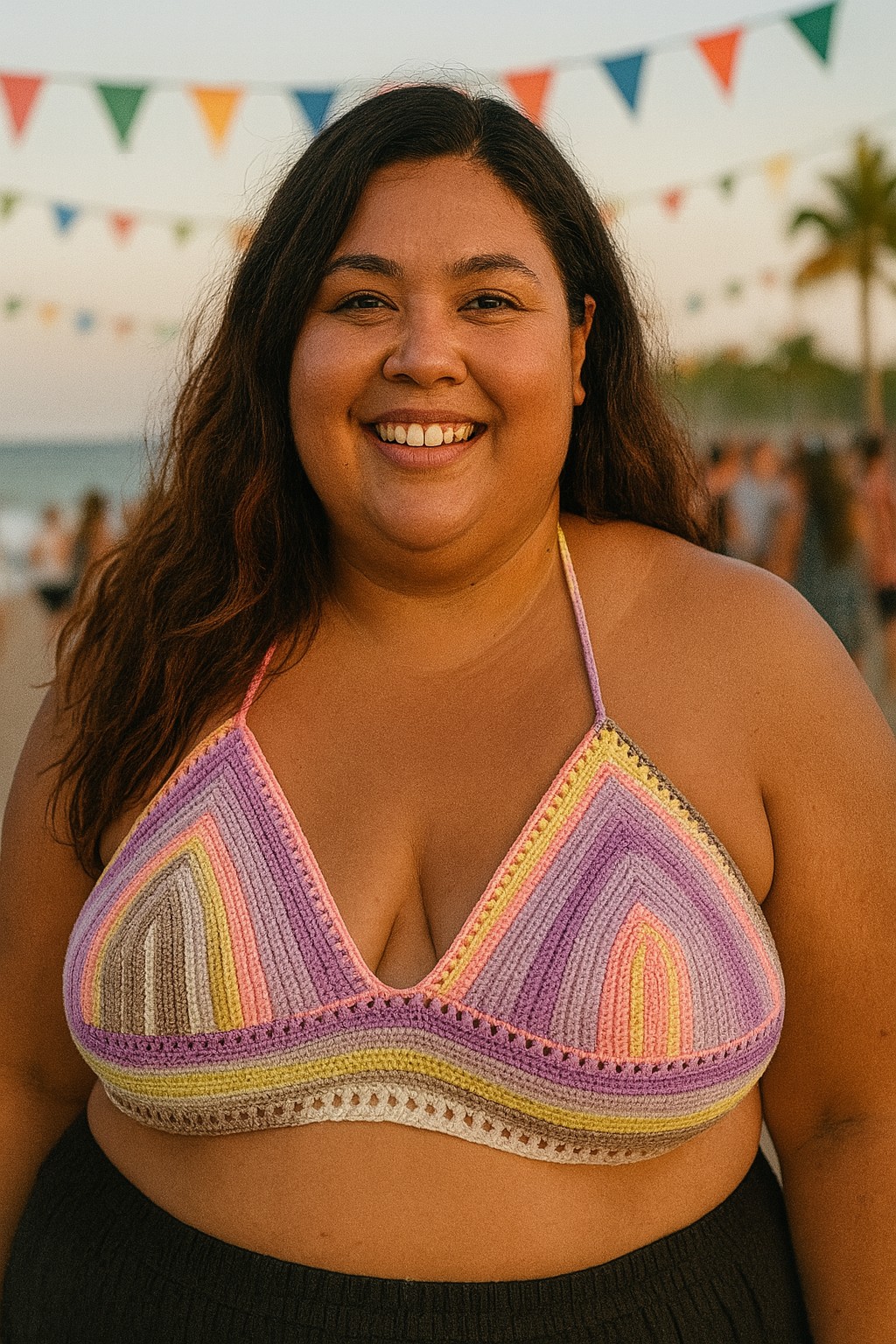 Gehaakt topje 'Boho top geel, beige, perzikoranje, paars en lila' - 88227 Gehaakt topje 'Boho top geel, beige, perzikoranje, paars en lila'