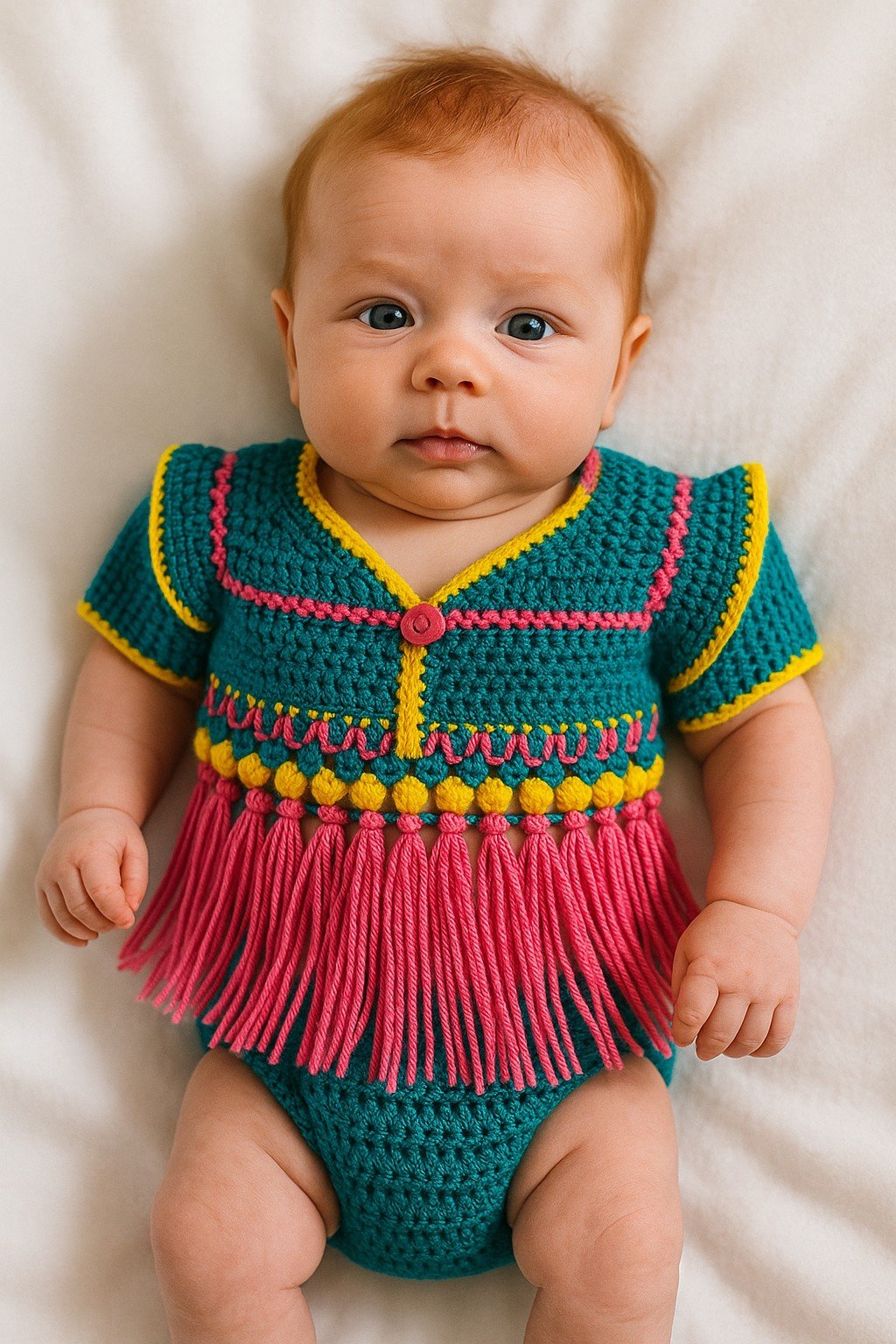 Gehaakt baby vestje | Petrol, roze en geel met roze franjes - 93744 Gehaakt baby vestje | Petrol, roze en geel met roze franjes