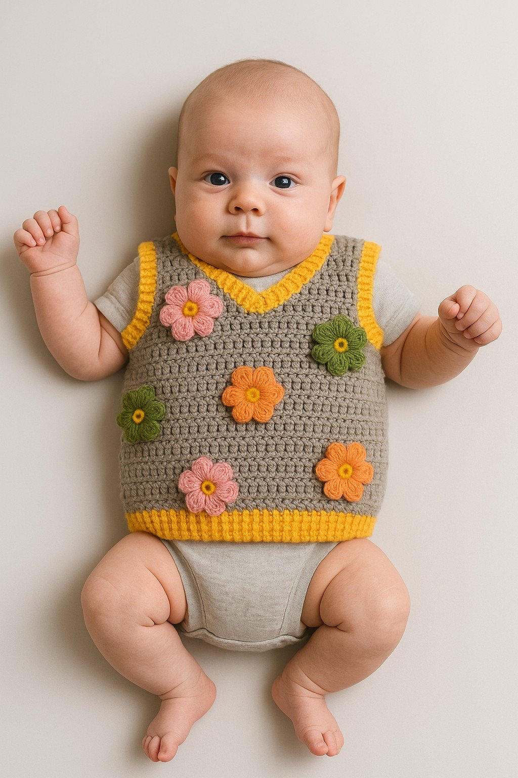 Gehaakt baby vestje | Beige en geel met lichtroze, groene en oranje b… - 98154 Gehaakt baby vestje | Beige en geel met lichtroze, groene en oranje bloemen