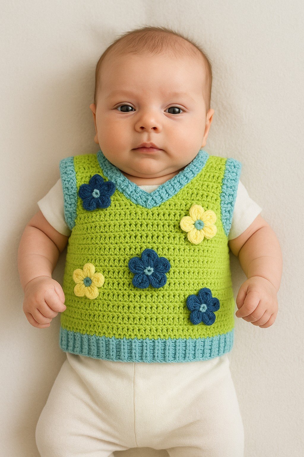 Gehaakt baby vestje | Limoengroen en mintgroen met blauwe bloemen - 98146 Gehaakt baby vestje | Limoengroen en mintgroen met blauwe bloemen
