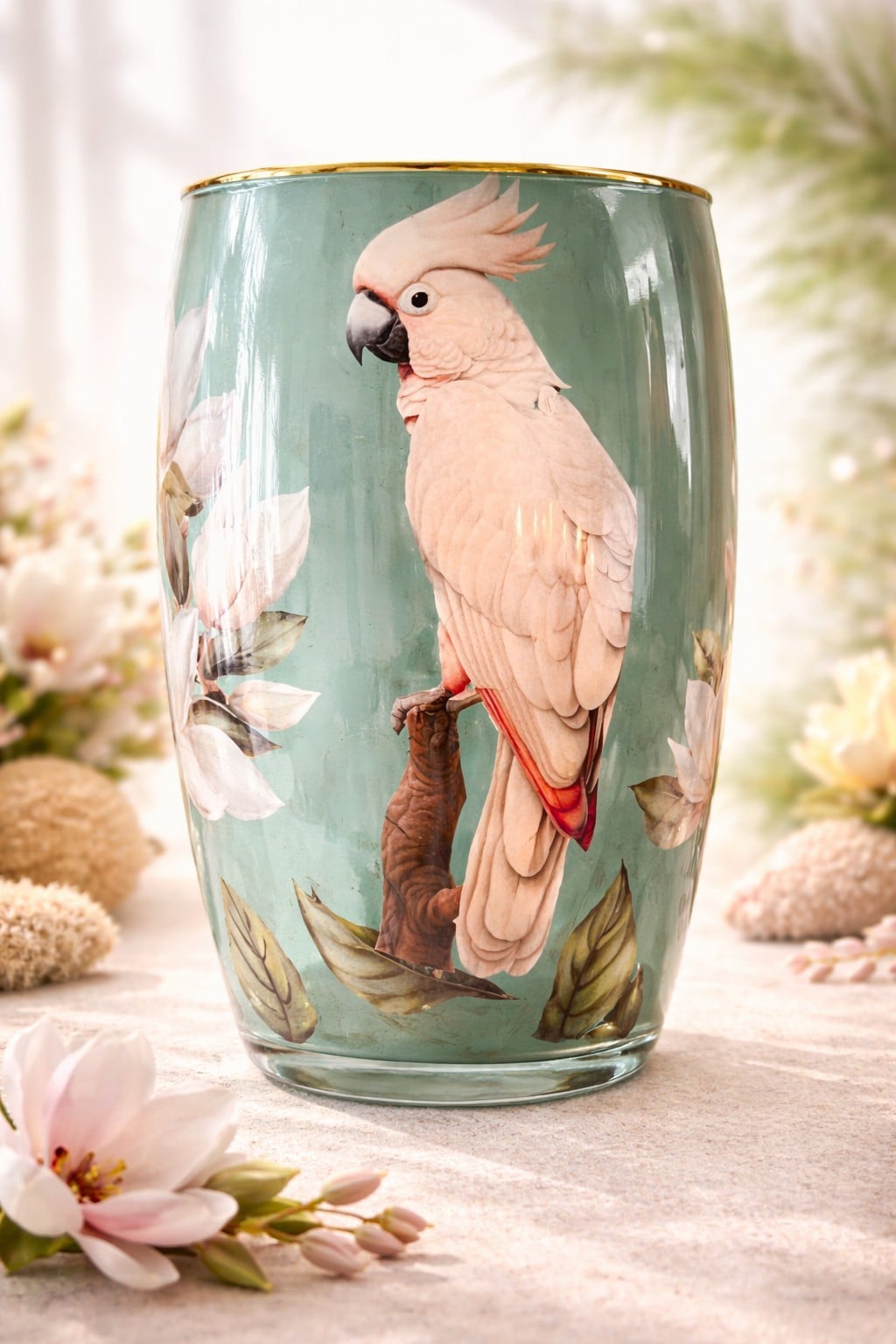 IVORY WHISPER -Elegante designvaas met kaketoe en florale illustraties - 112590 IVORY WHISPER -Elegante designvaas met kaketoe en florale illustraties