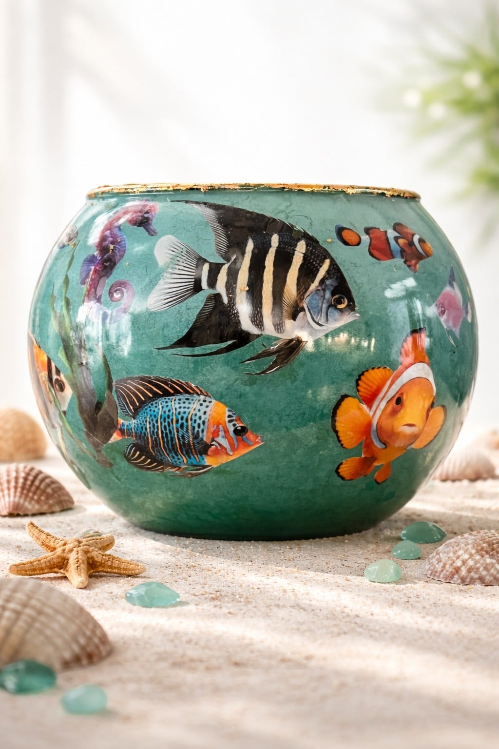 OCEAN BLOOM - Maritieme vaas met kleurrijke vissen en glazen afwerking