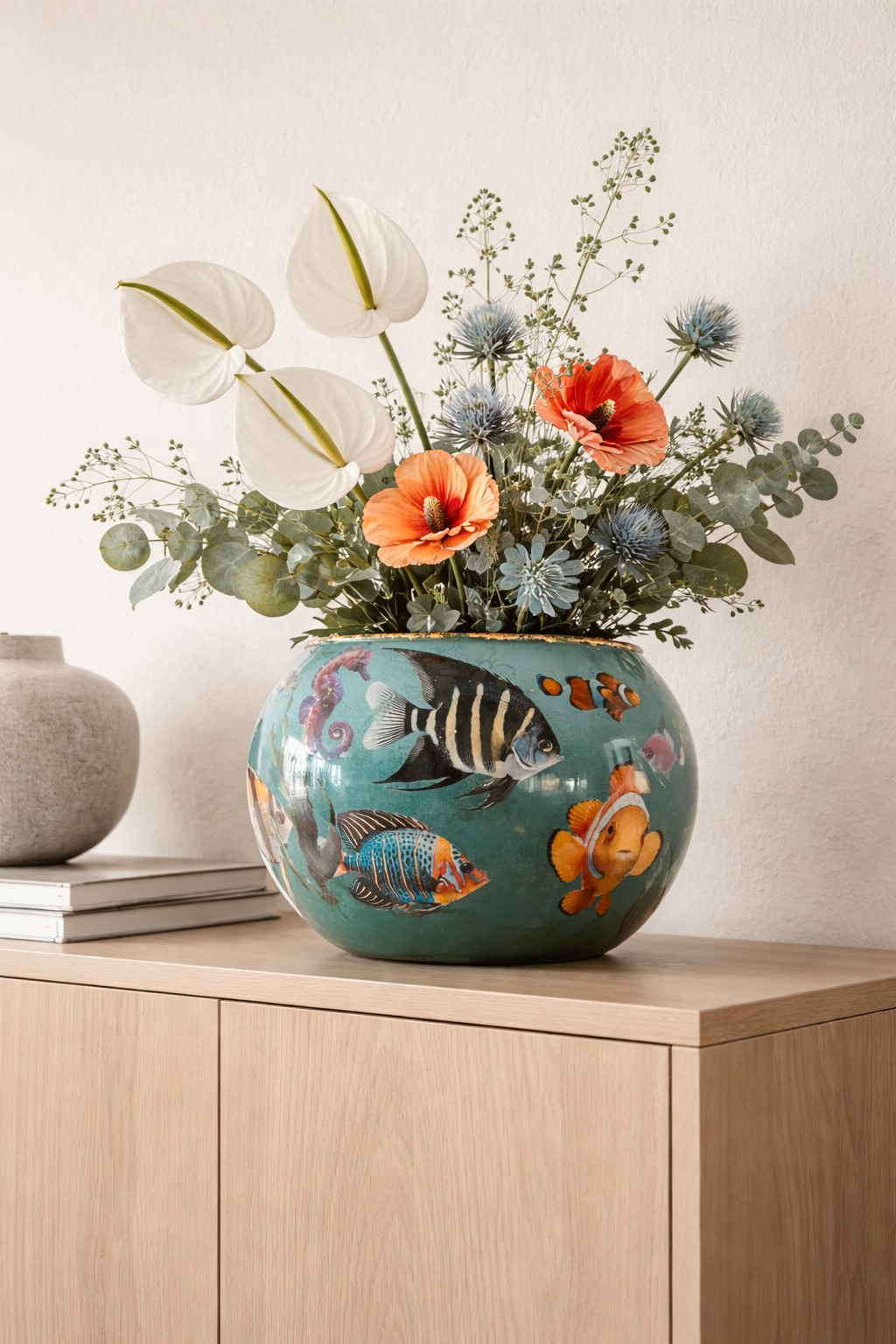 OCEAN BLOOM - Maritieme vaas met kleurrijke vissen en glazen afwerking