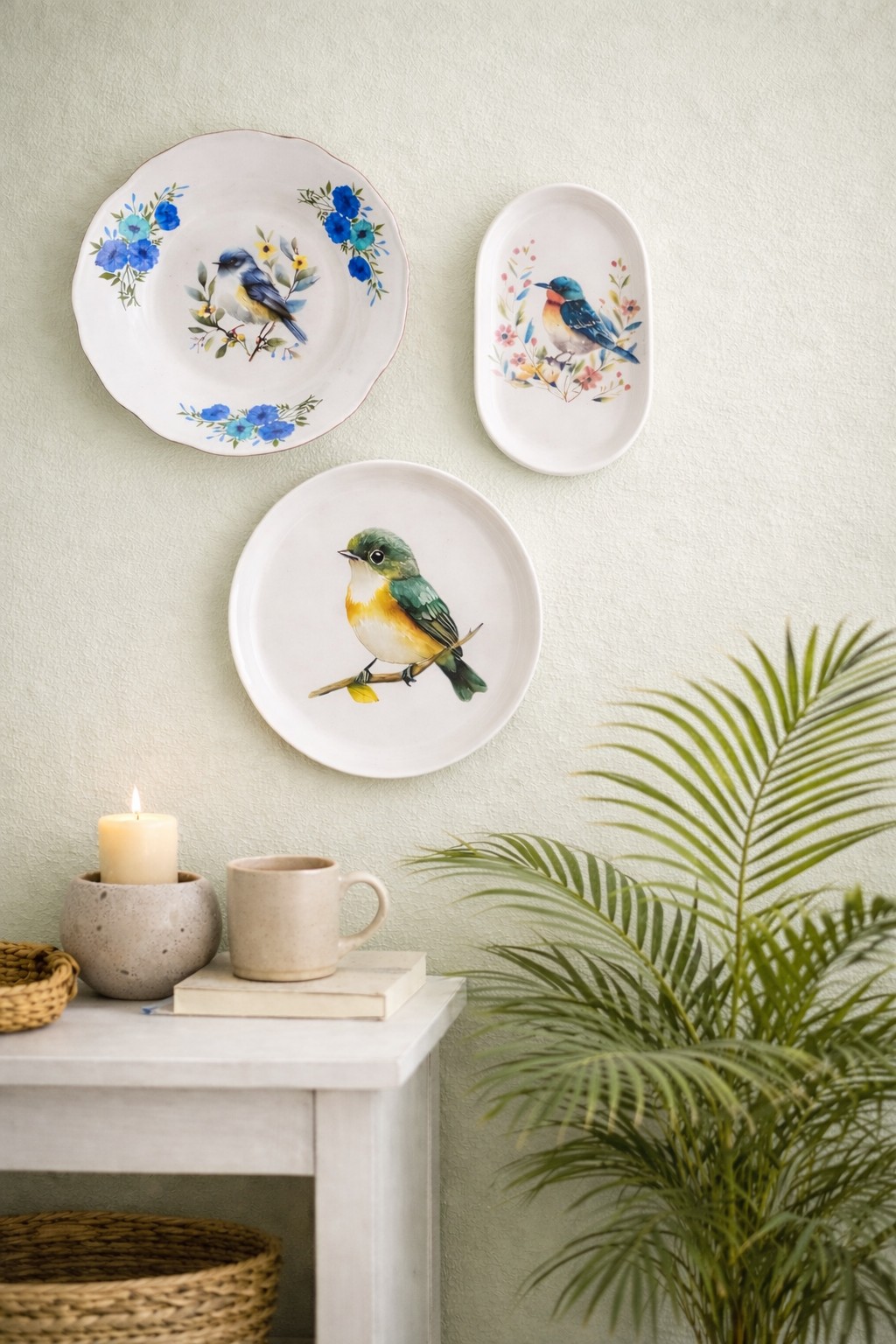 Vogel op een rond bordje met standaard.